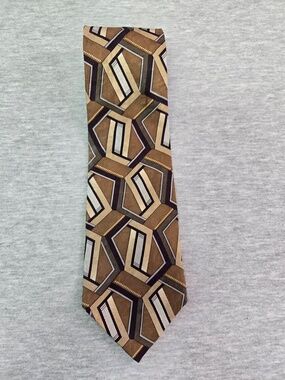 Conte Di Milano Tie Mens One Size Brown Geometric 100% Silk Jacquard Made USA